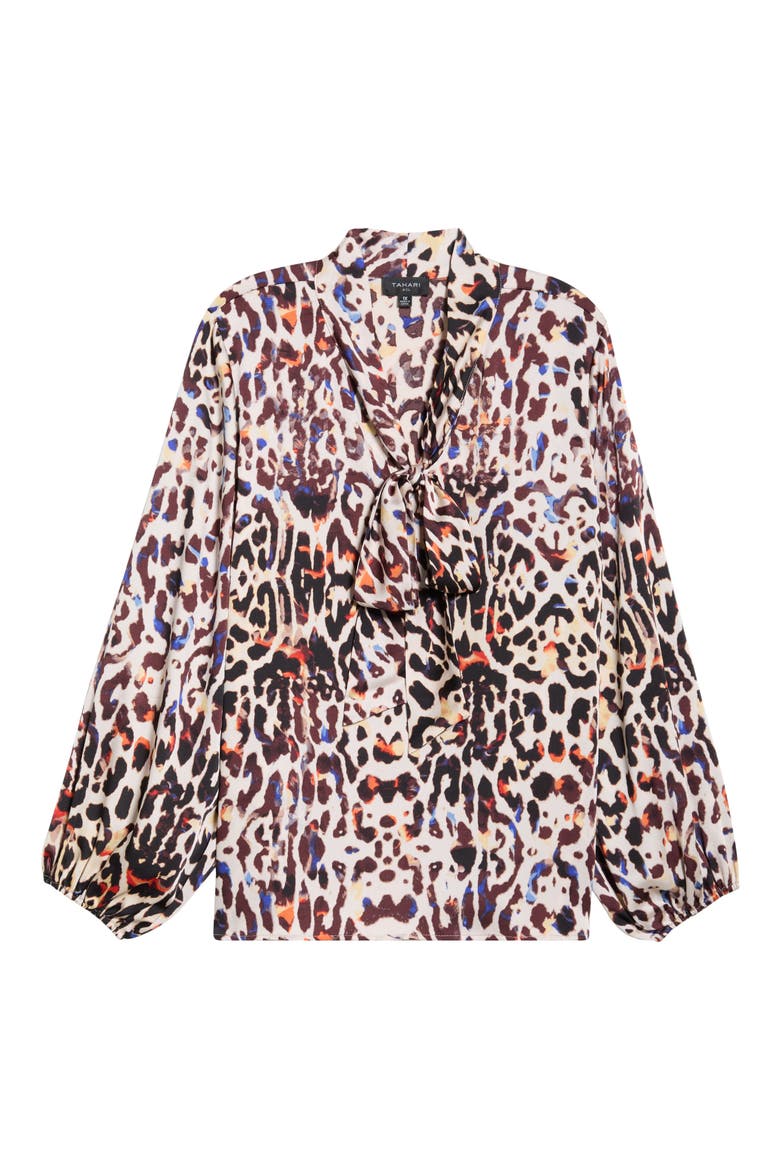 Leopard Print Bow Neck Satin Top, Alternate, color, SAND ROYAL LEOPARD