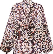 Tahari ASL Leopard Print Bow Neck Satin Top