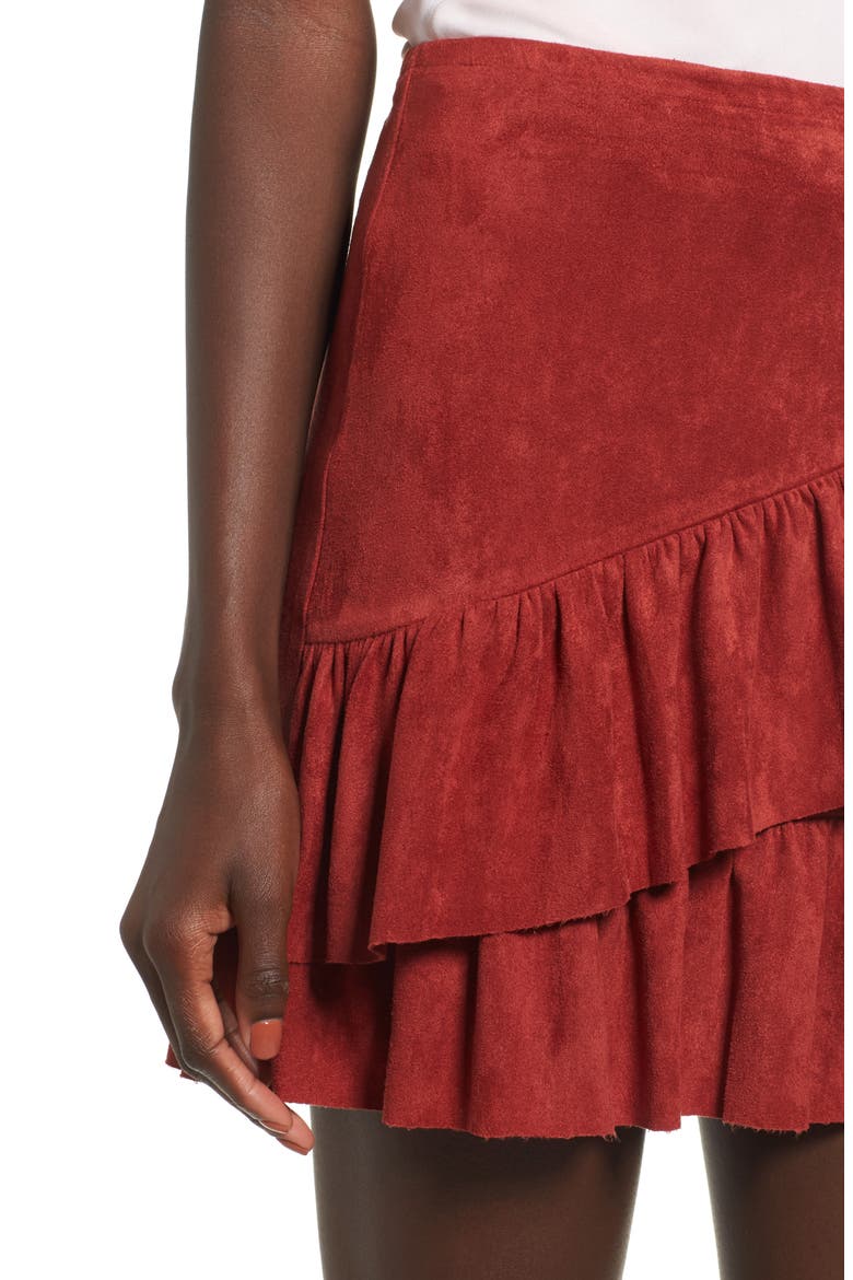Faux Suede Ruffle Miniskirt, Alternate, color, TERRACOTTA