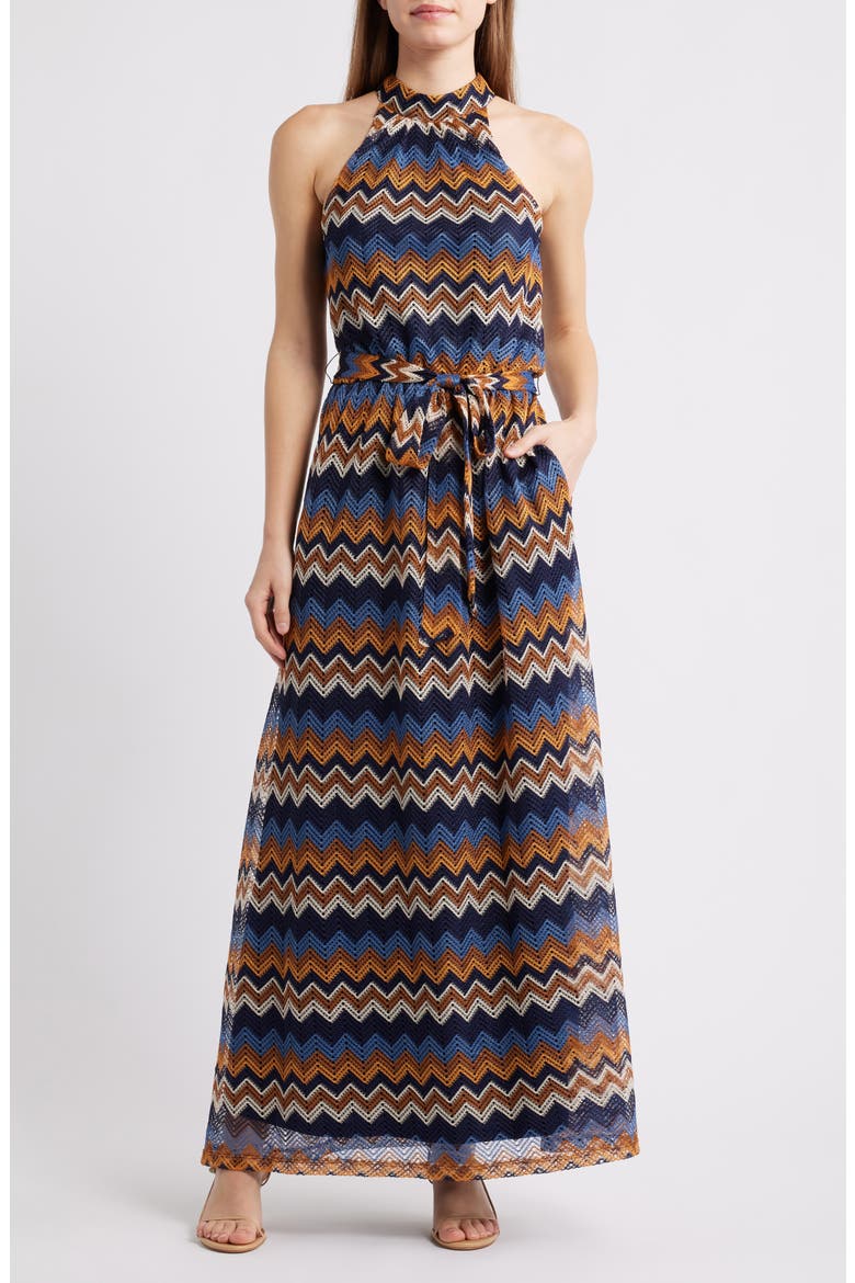 Mock Neck Tie Belt Maxi Dress, Main, color, BLUE MULTI