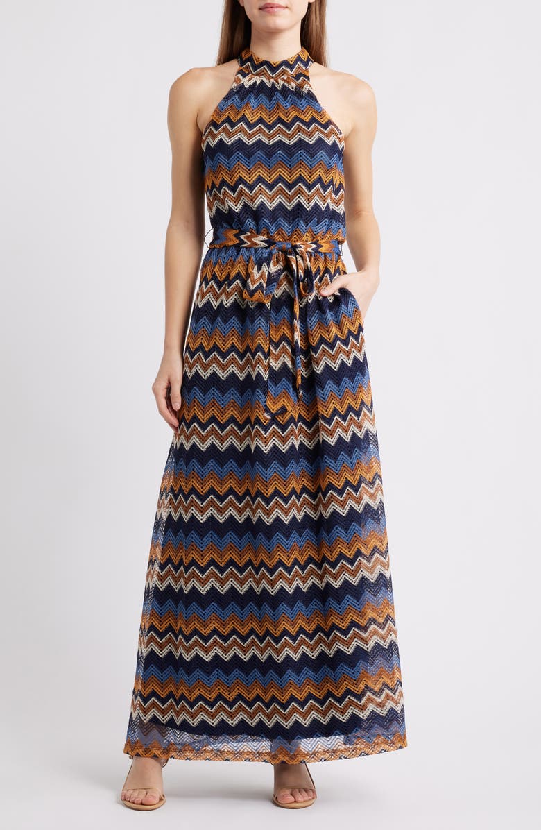 Julia Jordan Mock Neck Tie Belt Maxi Dress, Main, color, Blue Multi