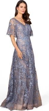 LARA New York Elegant Cape Sleeve A-line Gown