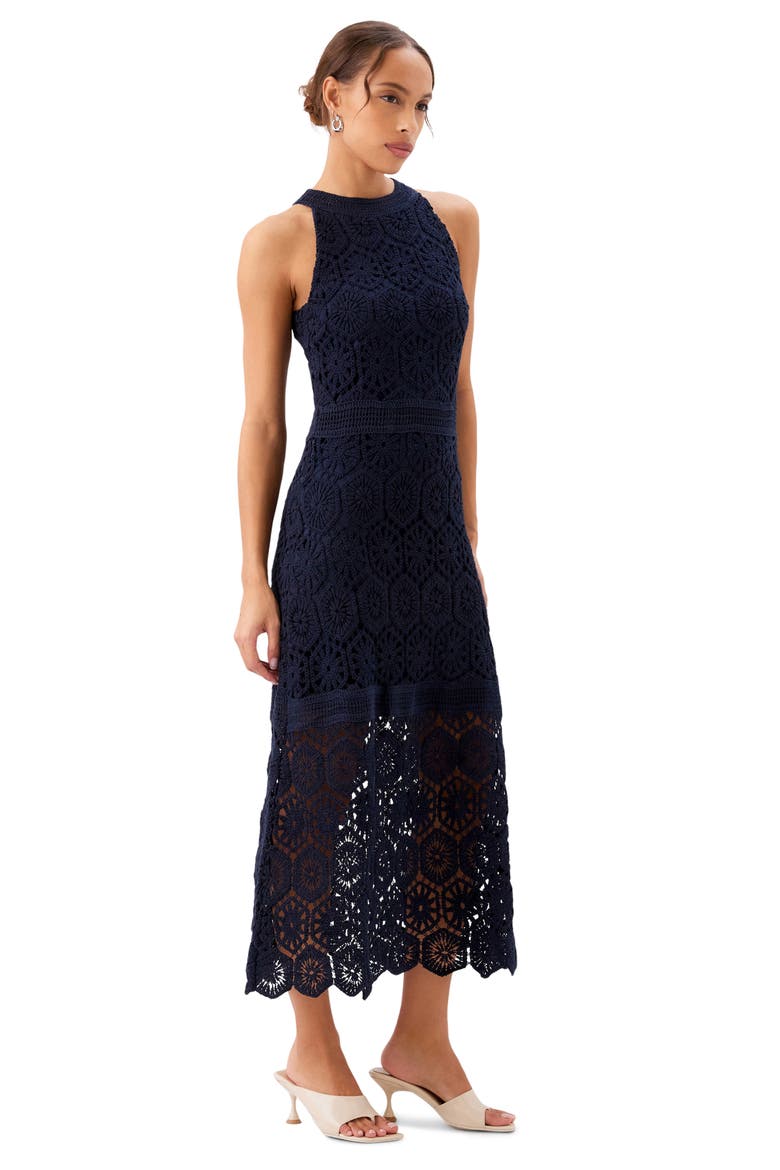Londyn Crochet Midi Dress, Alternate, color, NAVY