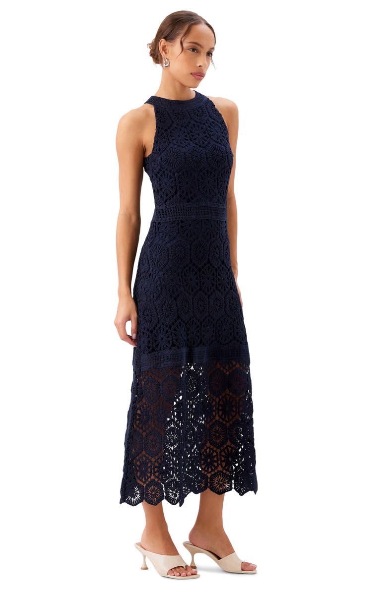 FIFTEEN TWENTY Londyn Crochet Midi Dress, Alternate, color, Navy
