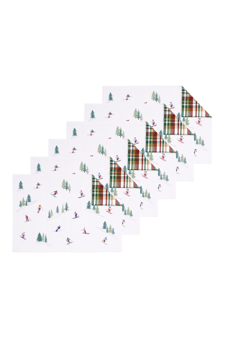 Alpine Skiers Winter Sports Reversible Plaid Set of 6 Placemats 14" x 20", Main, color, White