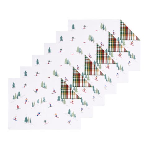 Alpine Skiers Winter Sports Reversible Plaid Set of 6 Placemats 14" x 20"
