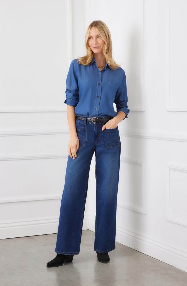 Karen Kane Ruched Sleeve Button-Up Shirt, Alternate, color, Chambray Blue