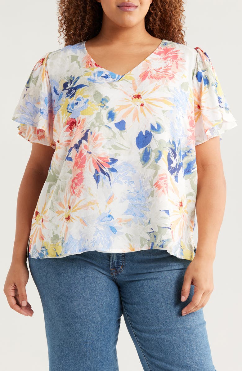 Vince Camuto Floral Tulip Sleeve Top, Main, color, Ultra White