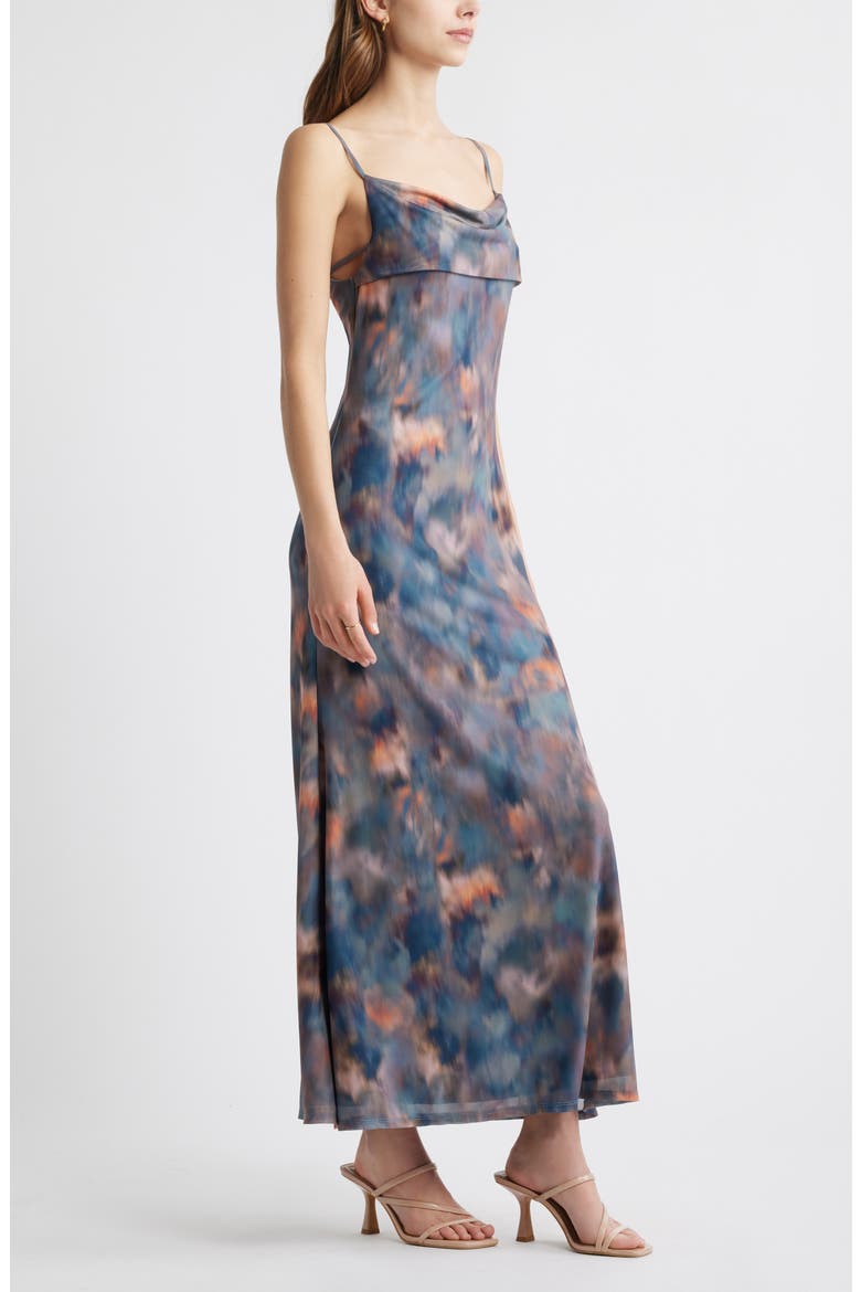 Print Mesh Maxi Dress, Alternate, color, GREY- PINK AGATE PRINT