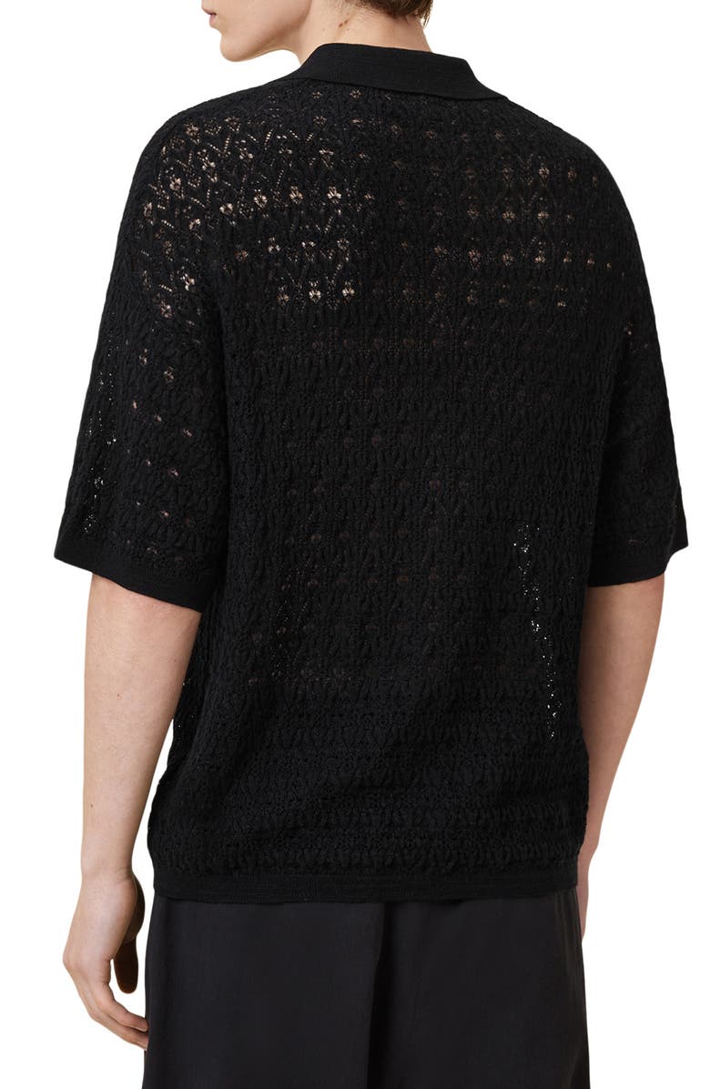 AllSaints Loire Open Stitch Cotton & Linen Button-Up Polo Sweater, Alternate, color, Black