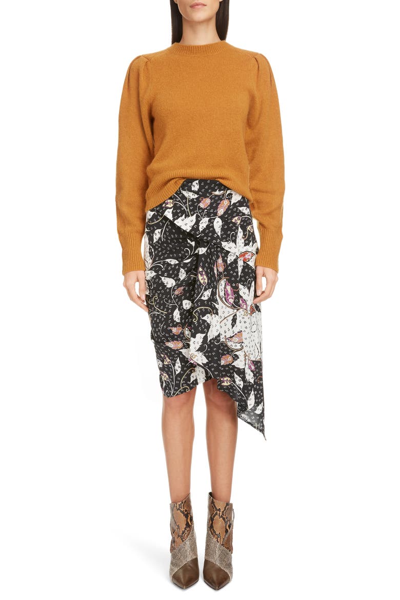 Floral Print Drape Detail Stretch Silk Skirt, Alternate, color, BLACK