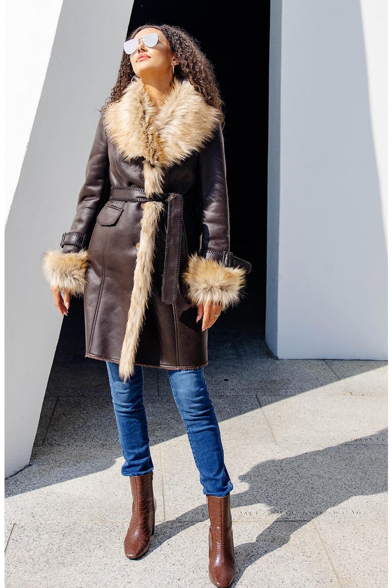 Dakota Belted Faux Suede Coat with Faux Fur Trim, Alternate, color, ESPRESSO