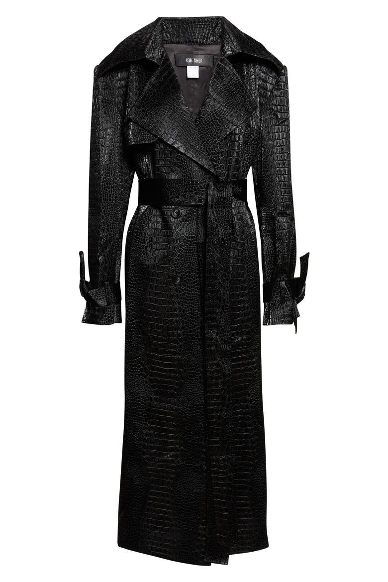 Croc Embossed Faux Leather Trench Coat, Alternate, color, BLACK