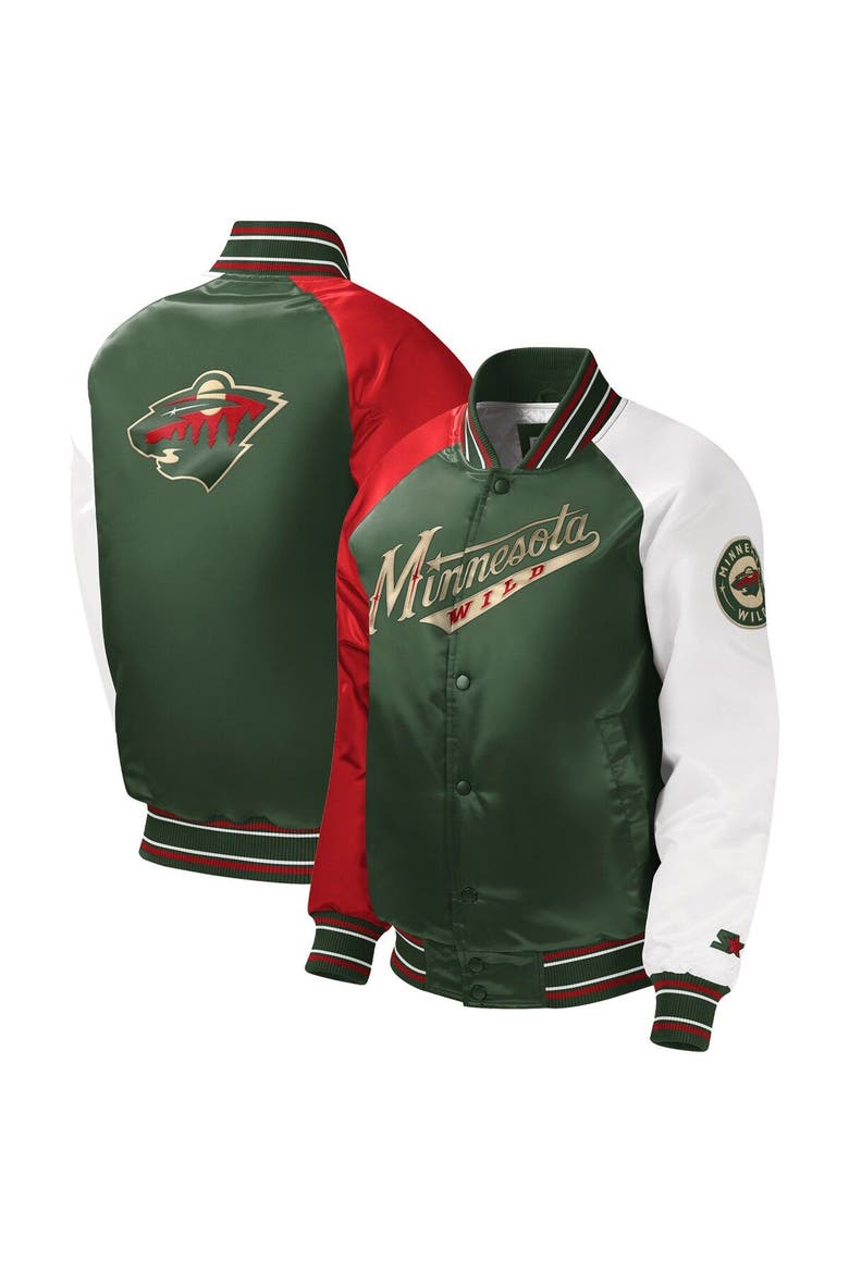 Youth Starter Green Minnesota Wild Raglan Full-Snap Varsity Jacket, Main, color, Green