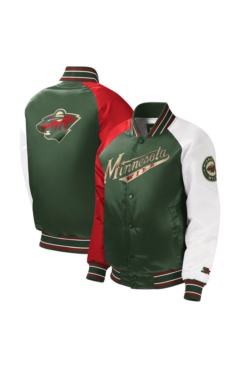 STARTER Youth Starter Green Minnesota Wild Raglan Full-Snap Varsity Jacket, Main, color, Green