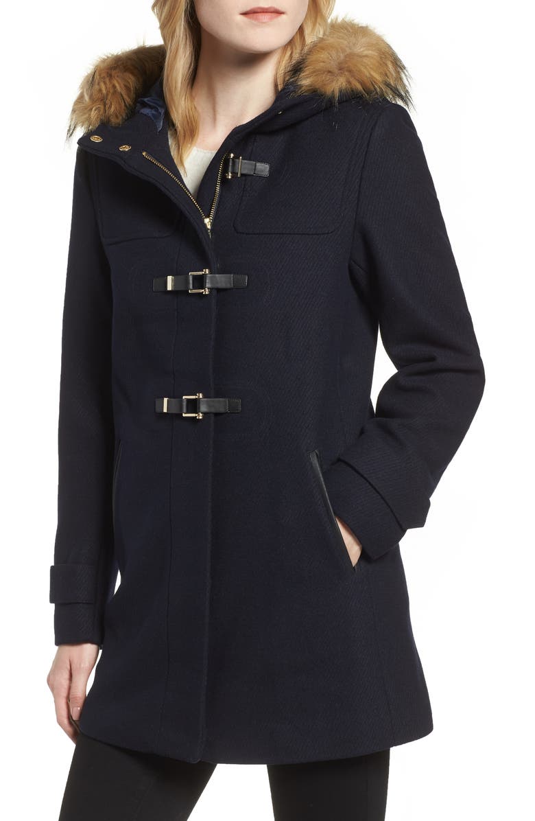 Cole Haan Hooded Duffle Coat with Faux Fur Trim, Alternate, color, 