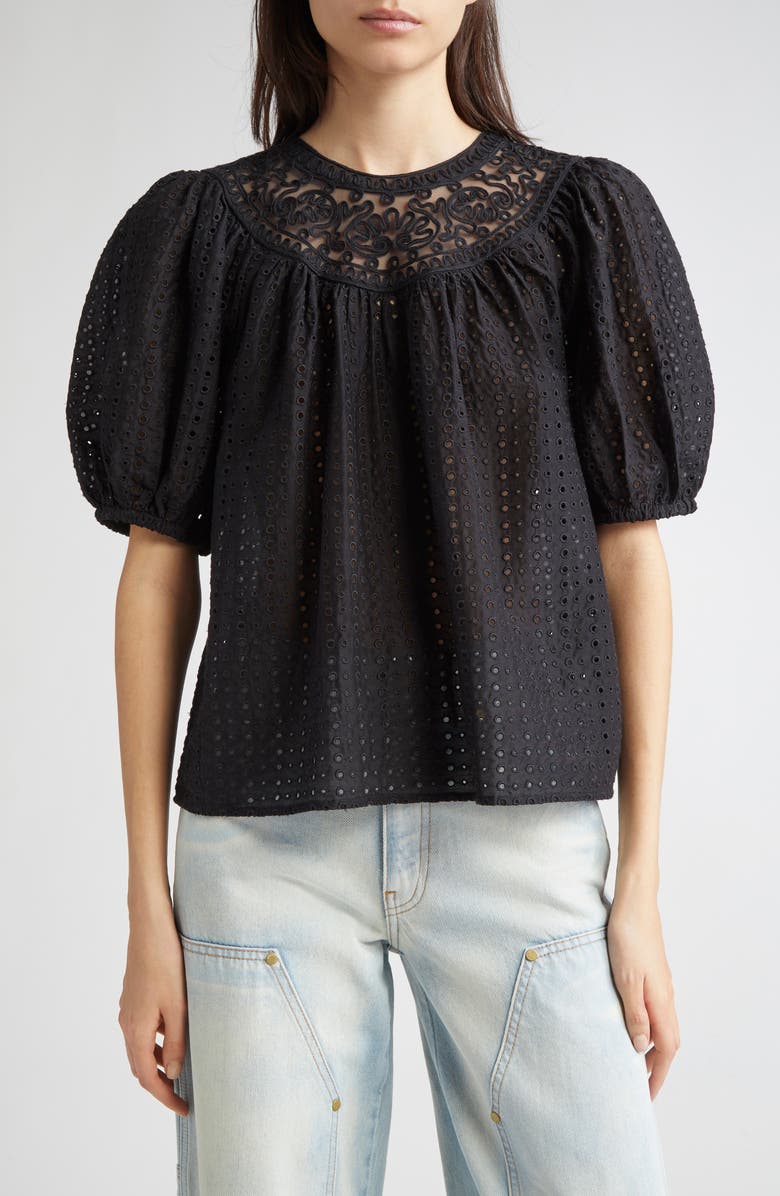 Ulla Johnson Amina Eyelet Lace Top, Main, color, Noir