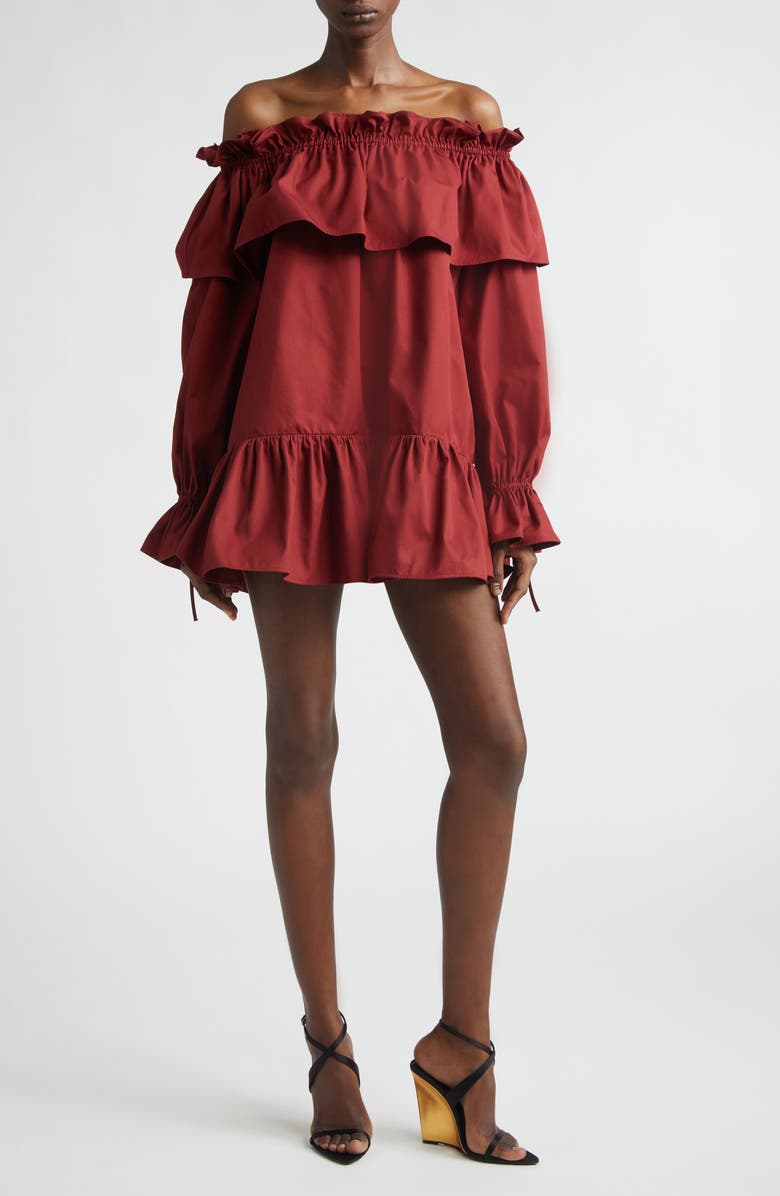 Saint Laurent Long Sleeve Cotton Ruffle Off the Shoulder Minidress, Main, color, Rouge Fonce