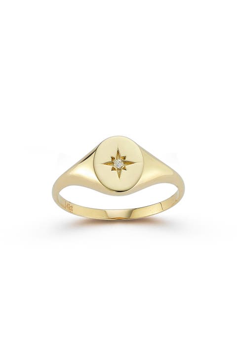 14K Gold Diamond Star Signet Ring - 0.02ct.