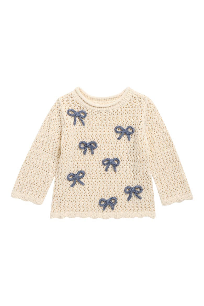 Braided Bow Appliqué Cotton Pointelle Sweater, Main, color, NATURAL