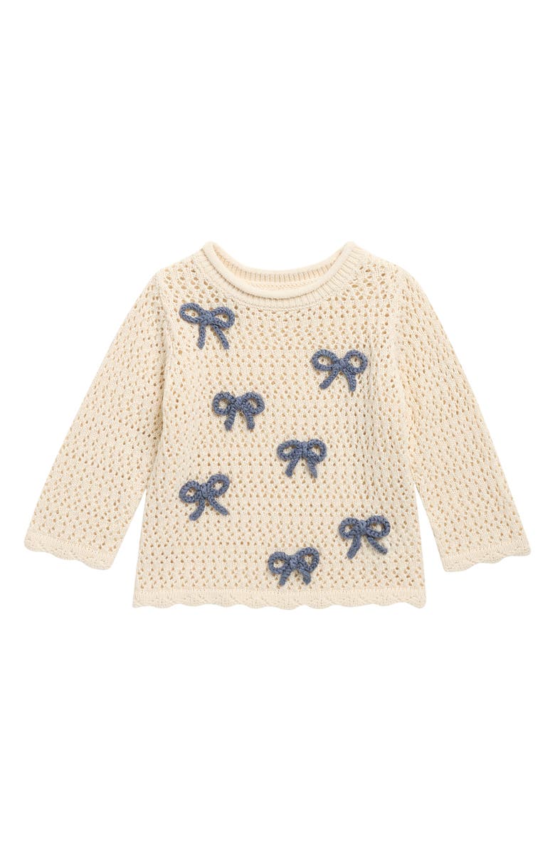 Rylee + Cru Braided Bow Appliqué Cotton Pointelle Sweater, Main, color, Natural