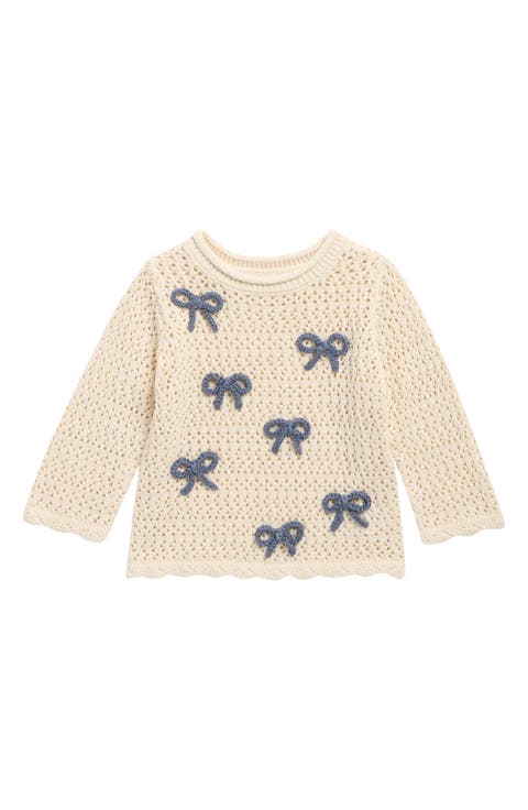 Braided Bow Appliqué Cotton Pointelle Sweater (Baby)