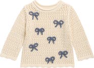 Rylee + Cru Braided Bow Appliqué Cotton Pointelle Sweater