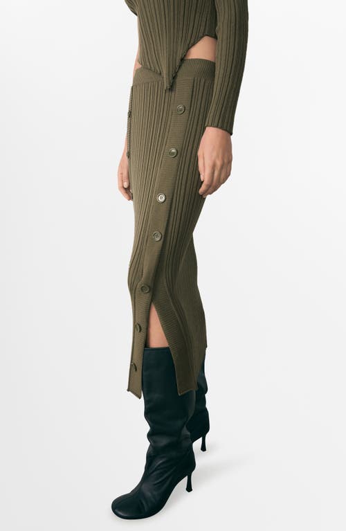 Mango Side Button Rib Sweater Skirt In Khaki Green