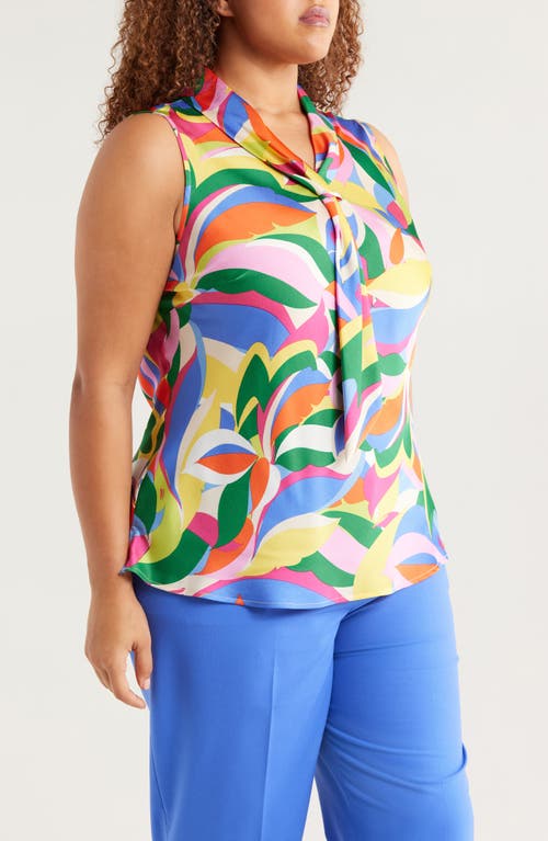 Tahari Asl Sailor Leaf Print Tie Neck Sleeveless Top In Clover Swirl