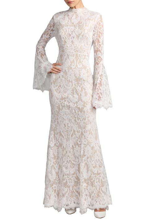 Mock Neck Long Sleeve Lace Gown