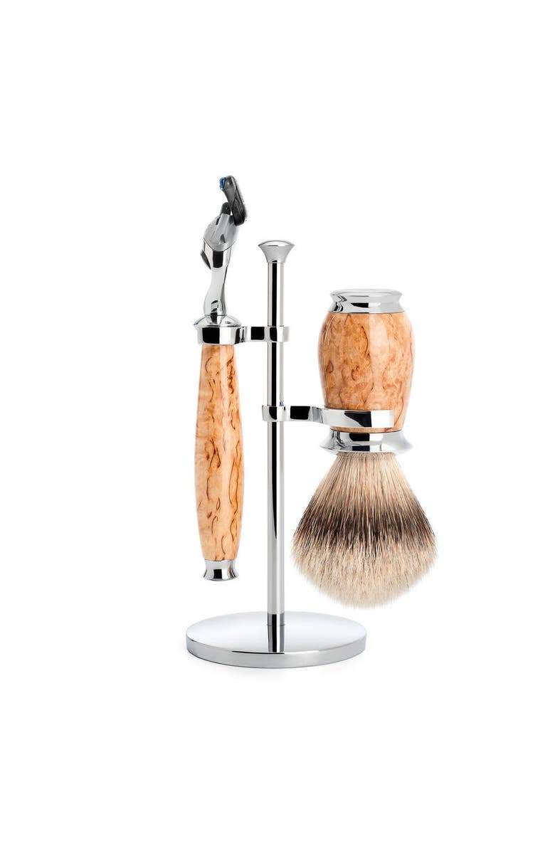 MÜHLE Purist Karelian Masur Birch 3-Piece Silvertip Badger & Fusion Shaving Set, Main, color, Masur Birch