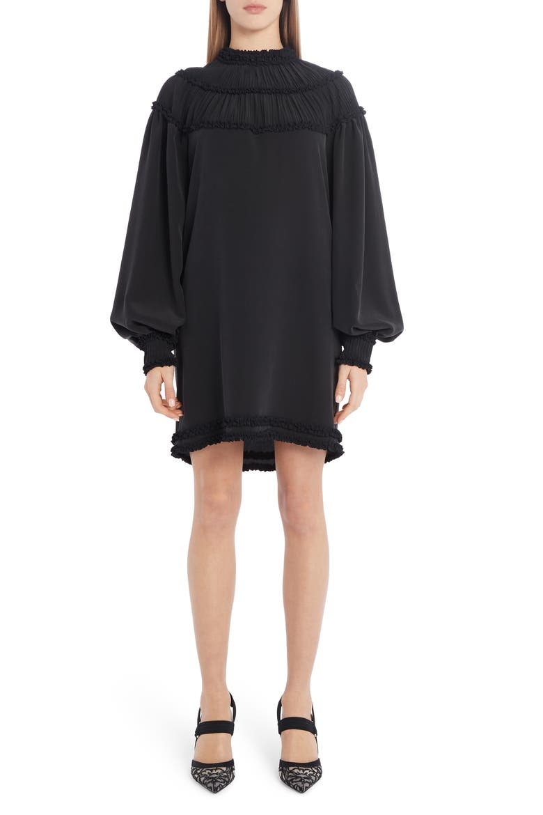 Ruffle Yoke Long Sleeve Silk Crêpe de Chine Minidress, Main, color, BLACK