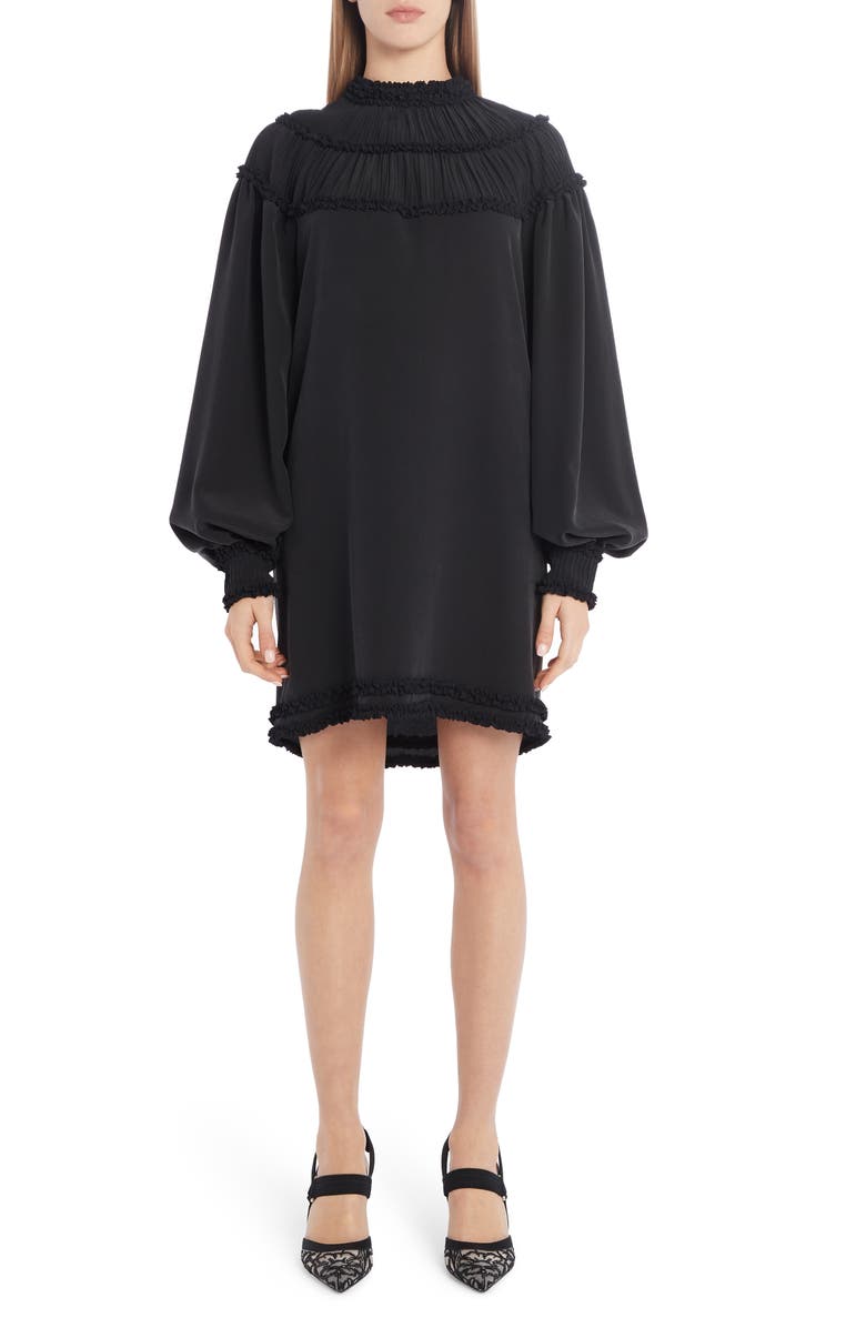 Fendi Ruffle Yoke Long Sleeve Silk Crêpe de Chine Minidress, Main, color,