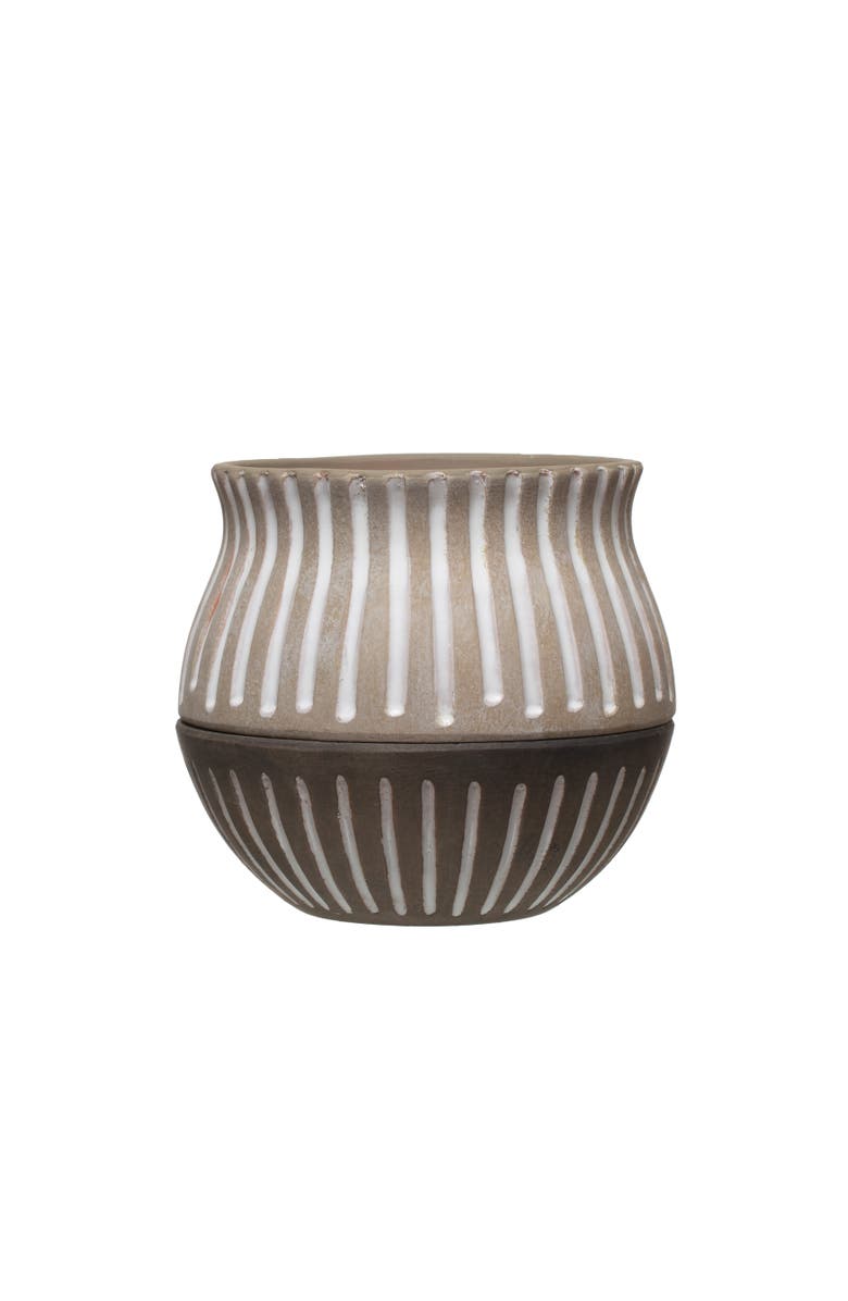 Storied Home Round Hand-Painted Terra-cotta Planter with Saucer and Debossed Lines, Planter with Saucer, Main, color, Grey