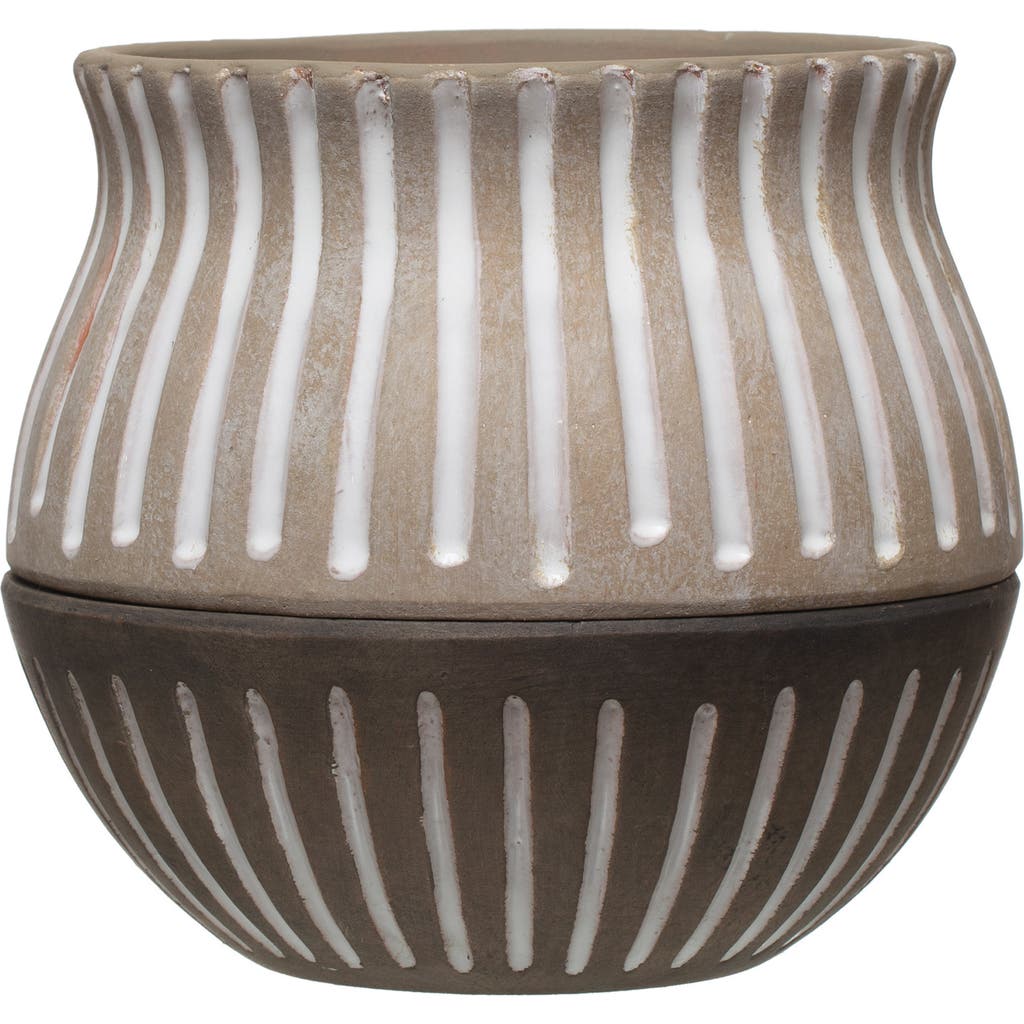Storied Home Round Hand-painted Terra-cotta Planter With Saucer And Debossed Lines, Planter With Sau In Gray