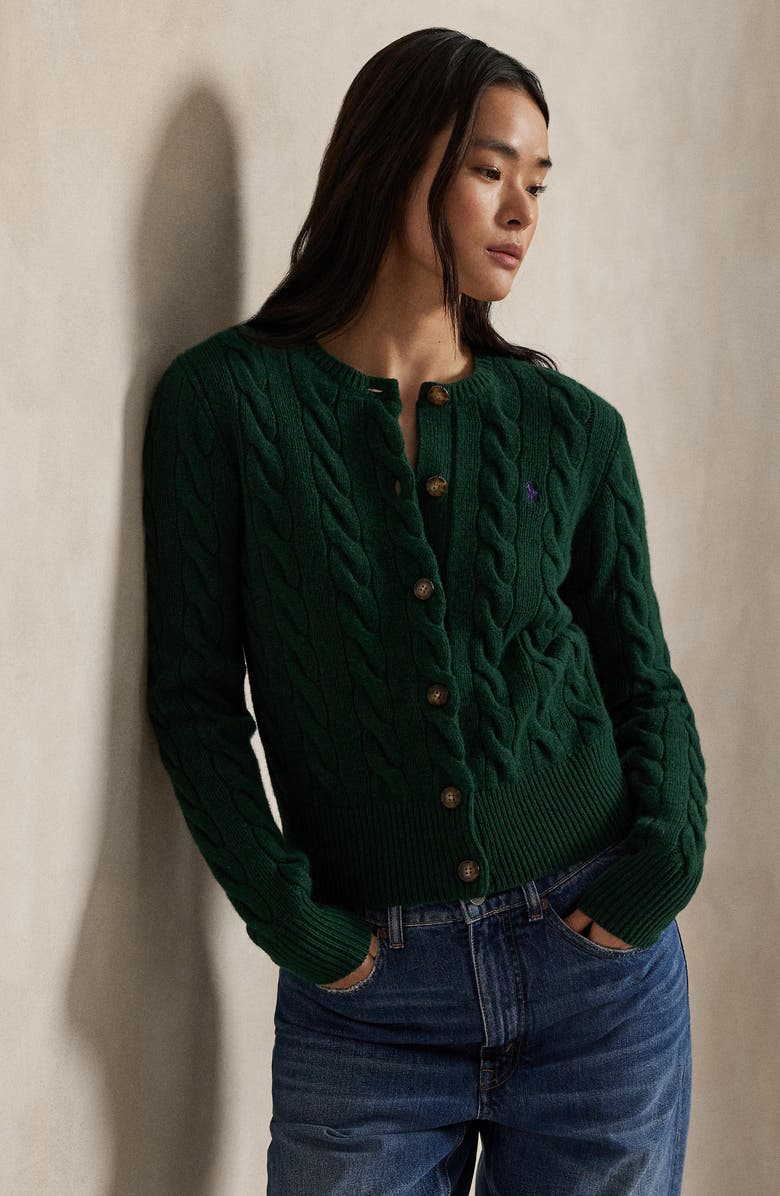 Polo Ralph Lauren Cable Knit Wool & Cashmere Cardigan, Alternate, color, Castleton Green