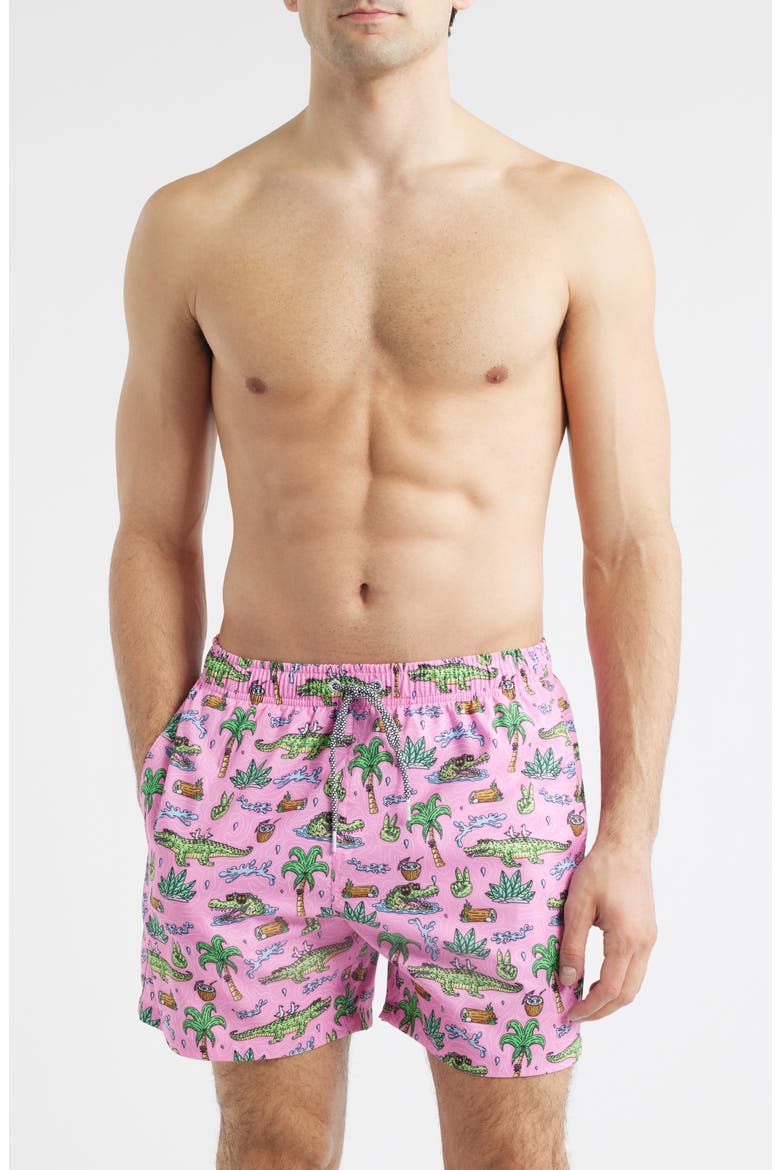 Crocodile Print Mid Length Swim Trucks, Main, color, PINK