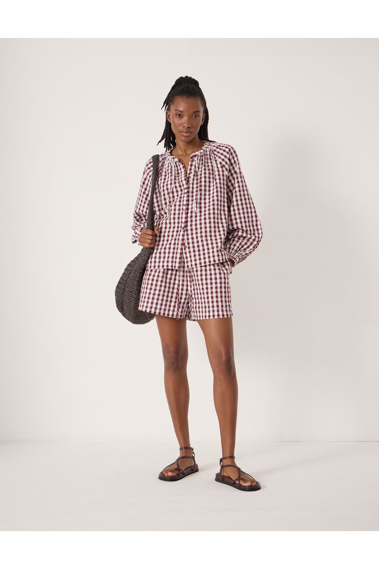 Ernie Gathered Gingham Beach Short, Alternate, color, Maroon Red & White