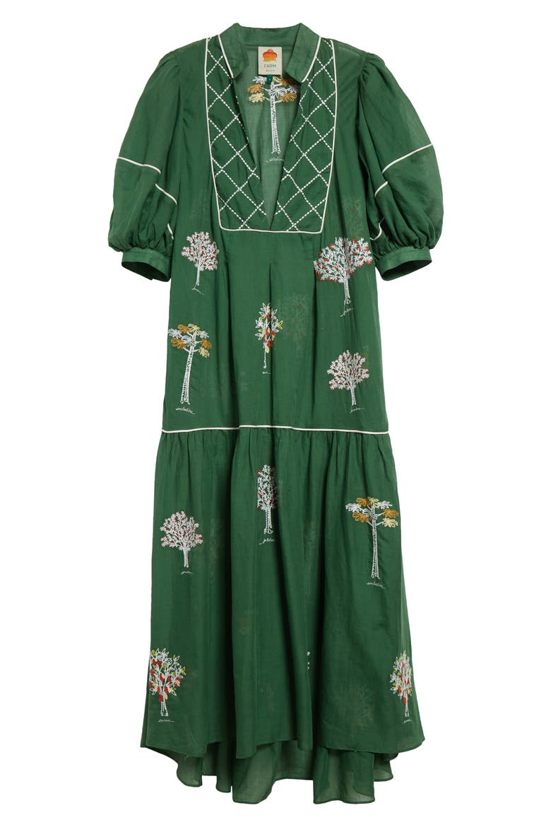 Embroidered Trees Puff Sleeve Organic Cotton Midi Dress, Alternate, color, GREEN