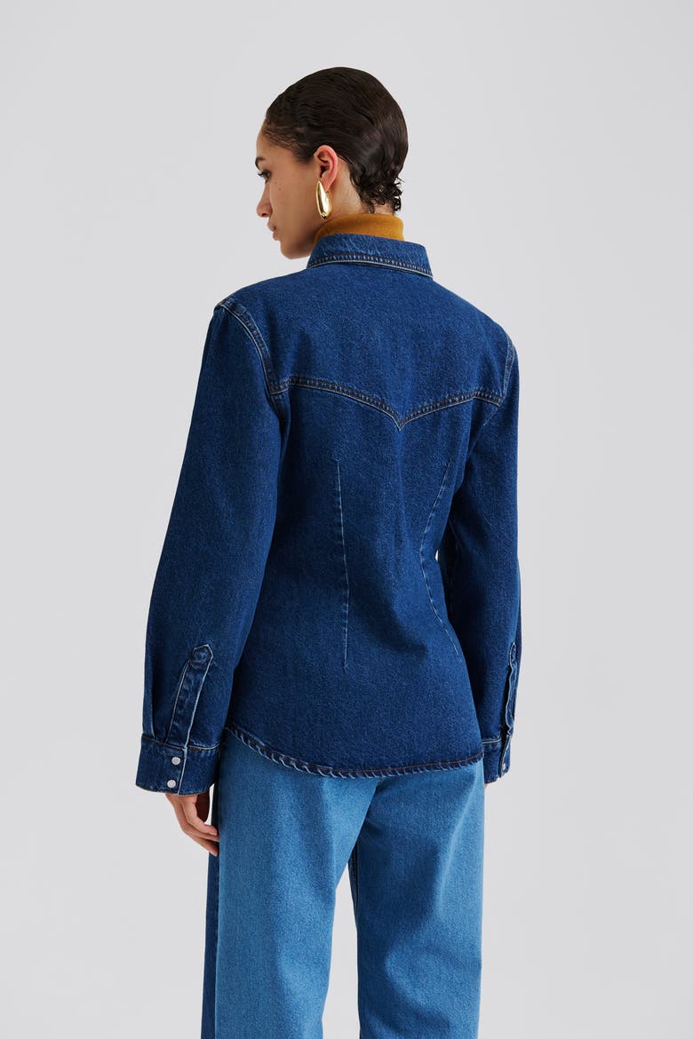 Anthea Fitted Waist Denim Shirt, Alternate, color, Dark Blue Wash