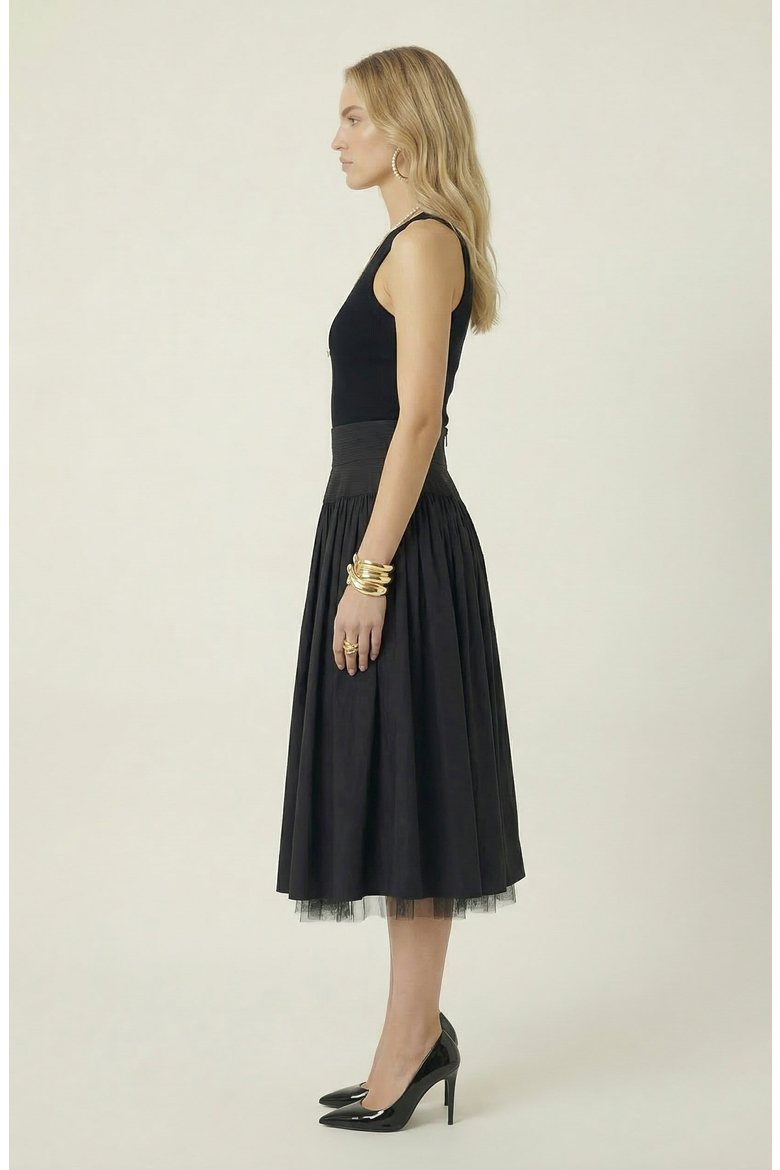 High Waist Midi Skirt with Tulle Hem, Alternate, color, Black