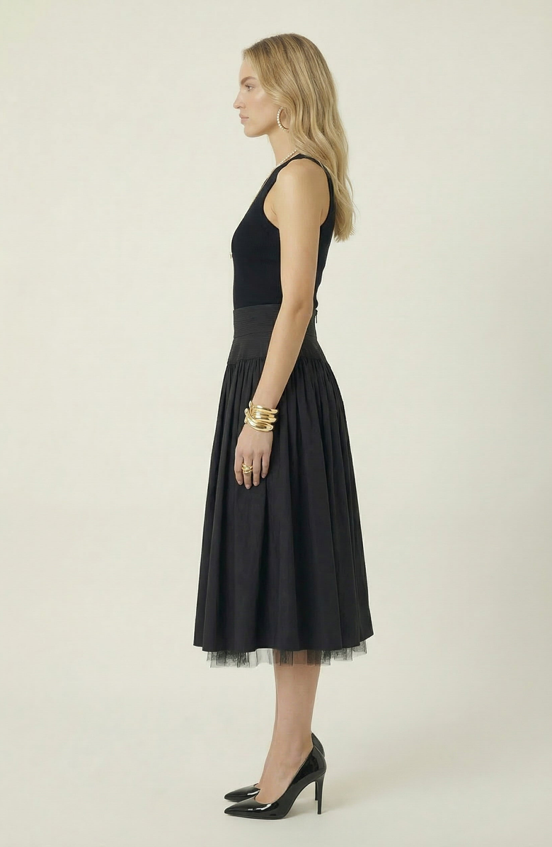 Modenaire High Waist Midi Skirt with Tulle Hem, Alternate, color, Black