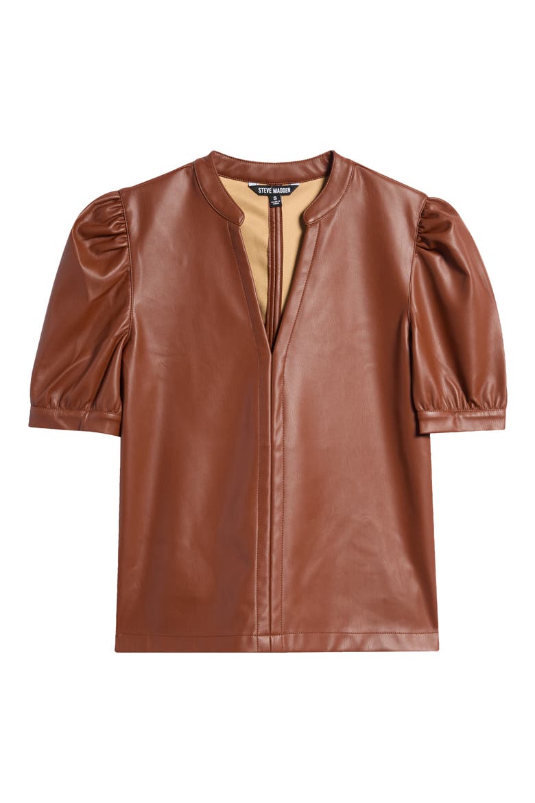 Jane Puff Sleeve Faux Leather Top, Alternate, color, COGNAC