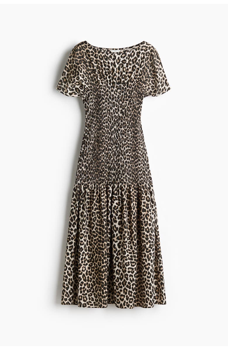 H&M Smocked-detail Dress, Main, color, Light Beige/Leopard Print