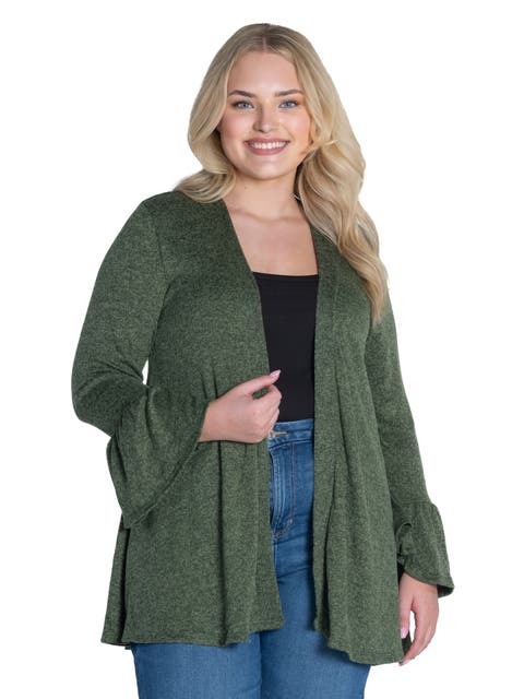 Plus Size Knit Three Quarter Bell Sleeve Open Cardigan