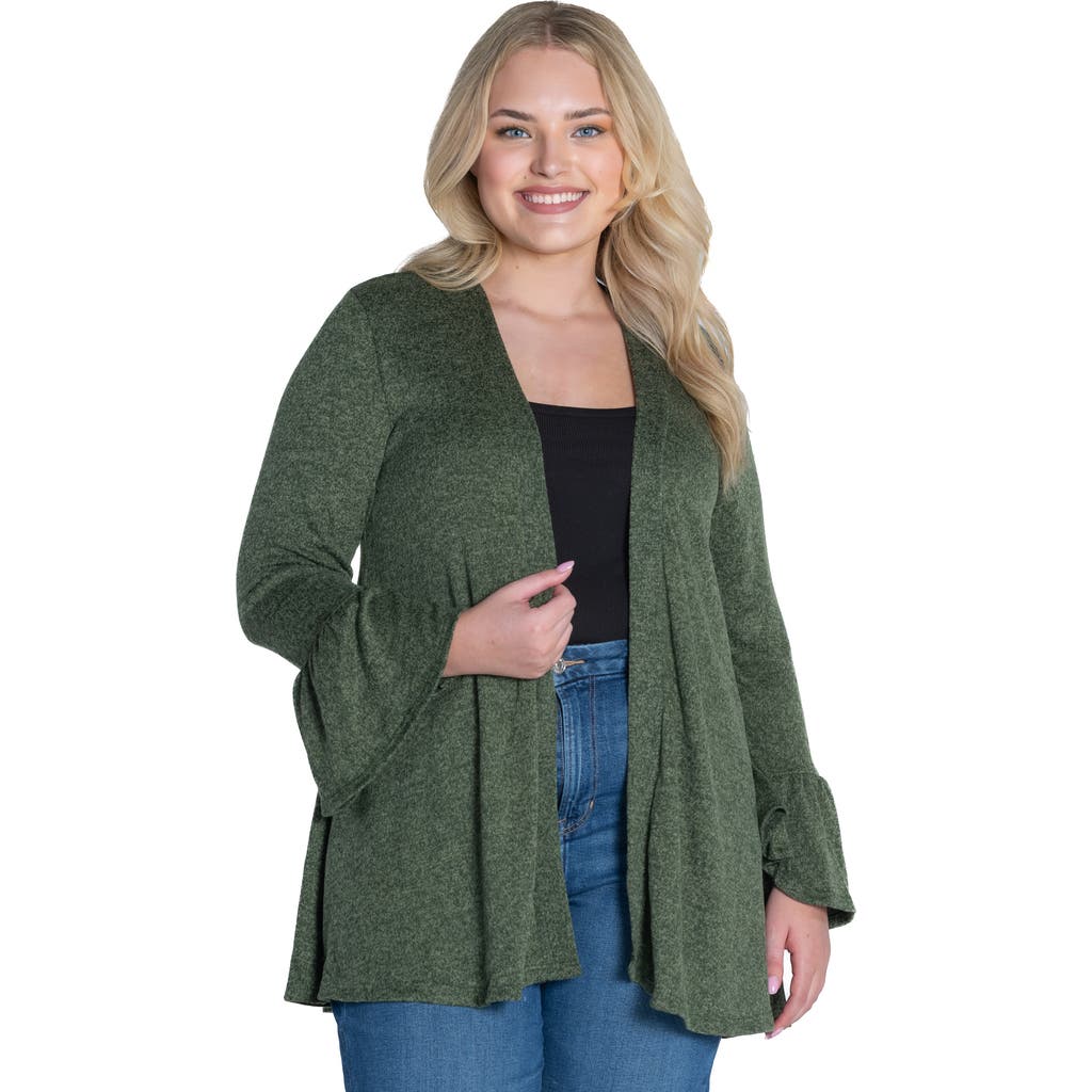 24seven Comfort Apparel Plus Size Knit Three Quarter Bell Sleeve Open Cardigan In Green