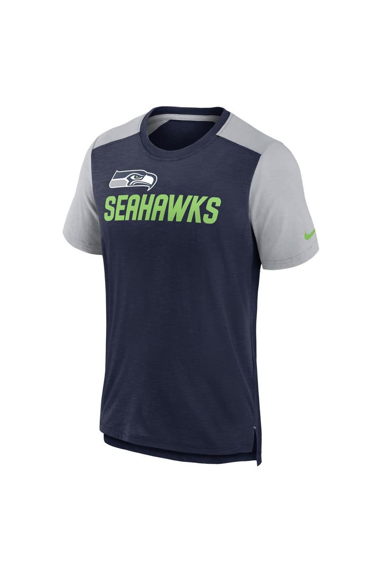 Men's Nike Heathered College Navy/Heathered Gray Seattle Seahawks Color Block Team Name T-Shirt, Alternate, color, Heather Navy