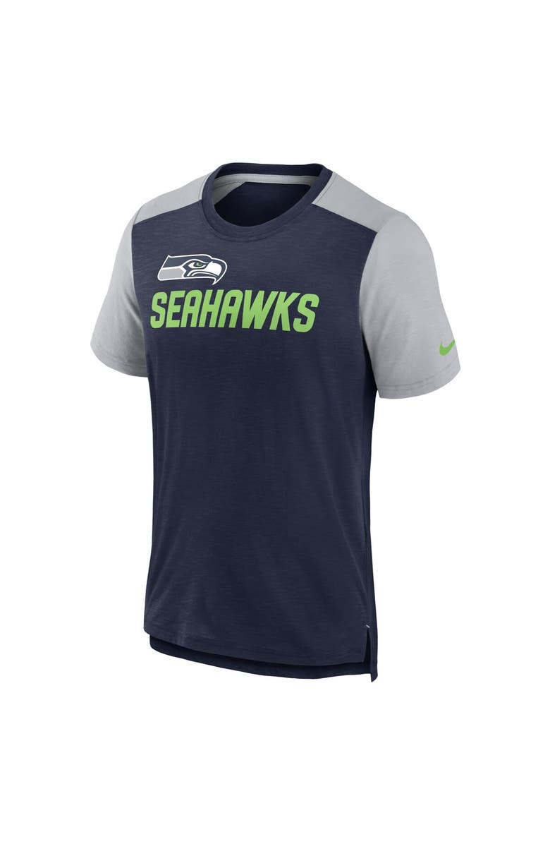 Nike Men's Nike Heathered College Navy/Heathered Gray Seattle Seahawks Color Block Team Name T-Shirt, Alternate, color, Heather Navy