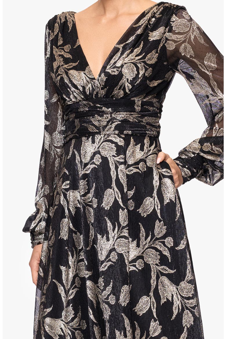 Metallic Floral Long Sleeve Crinkle Mesh Gown, Alternate, color, BLACK/GOLD