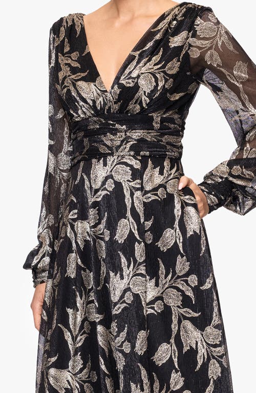 Betsy & Adam Metallic Floral Long Sleeve Crinkle Mesh Gown In Black